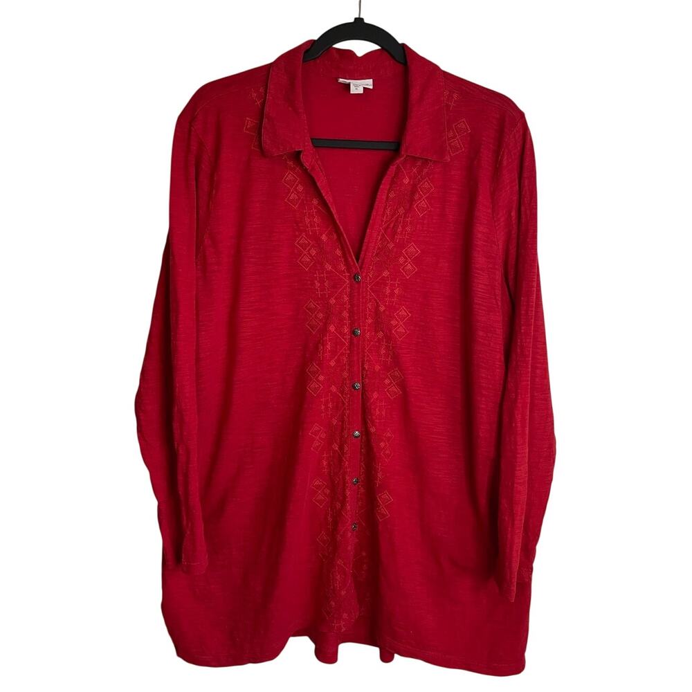 J. Jill Tunic Top Sz XL Red Embroidered Metal Buttons Cotton Long Sleeves Boho